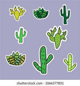 A set of cactus stickers. Simple pictures of cacti,