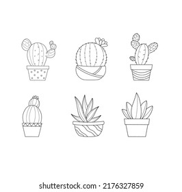 set of cactus succulent  illustrations in black and white 