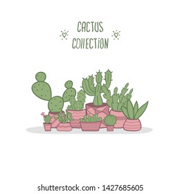 Set of cactus and succulent plants in garden pots. Hand drawn Vector illustration.