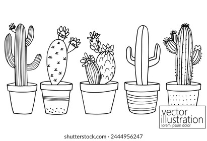 Set of cactus succulent plants. Home plants one line ink sketch flowers in a pot decorative houseplant. Contour outline vector illustration