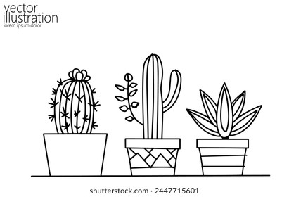  Set of cactus succulent plants. Home plants one line ink sketch flowers in a pot decorative houseplant. Contour outline vector illustration