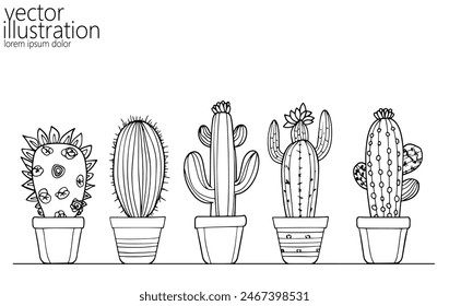  Set of cactus succulent plants. Home plants one line ink sketch flowers in a pot decorative houseplant. Contour outline vector illustration