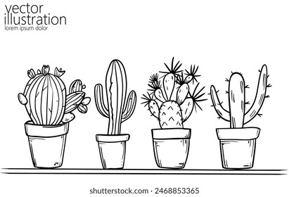  Set of cactus succulent plants. Home plants one line ink sketch flowers in a pot decorative houseplant. Contour outline vector illustration