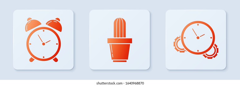 Set Cactus and succulent in pot, Alarm clock and Time Management. White square button. Vector