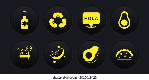 Set Cactus or succulent in pot, Avocado fruit, Sliced lime, Hola, Beans, Taco with tortilla and Tabasco sauce icon. Vector