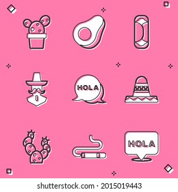 Set Cactus or succulent in pot, Avocado fruit, Burrito, Mexican man sombrero, Hola,  and Cigar icon. Vector