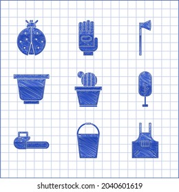 Set Cactus and succulent in pot, Bucket, Kitchen apron, Tree, Chainsaw, Flower, Wooden axe and Ladybug icon. Vector