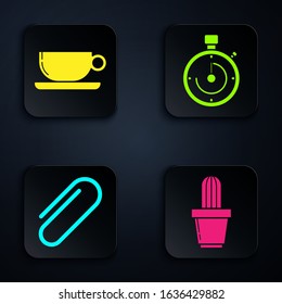 Set Cactus and succulent in pot, Coffee cup flat, Paper clip and Briefcase. Black square button. Vector