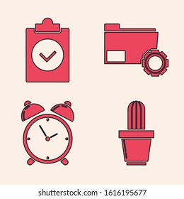 Set Cactus and succulent in pot, Completed task, Folder settings with gears and Alarm clock icon. Vector