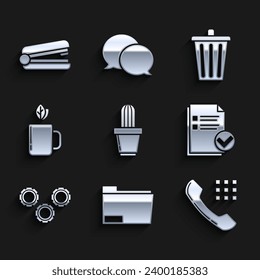 Set Cactus and succulent in pot, Document folder, Telephone handset, check mark, Gear, Cup of tea leaf, Trash can and Office stapler icon. Vector