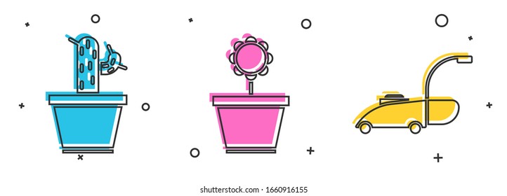 Set Cactus and succulent in pot, Flower in pot and Lawn mower icon. Vector
