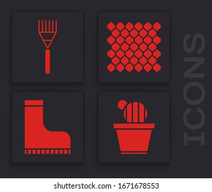 Set Cactus and succulent in pot, Garden rake, Garden fence wooden and Waterproof rubber boot icon. Vector