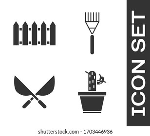 Ponga Cactus y suculento en la olla, madera de la valla de jardín, tijeras artesanales de jardinería e icono de rastrillo de jardín. Vector