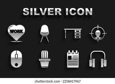 Set Cactus and succulent in pot, Head hunting concept, Headphones, Spiral notebook, Computer mouse, Office desk, Heart with text work and chair icon. Vector