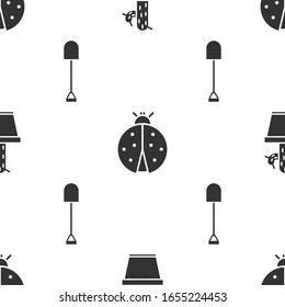 Set Cactus and succulent in pot, Ladybug and Shovel on seamless pattern. Vector