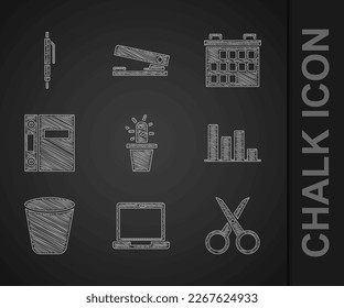 Set Cactus and succulent in pot, Laptop, Scissors, Pie chart infographic, Trash can, Office folders, Calendar and Pen icon. Vector
