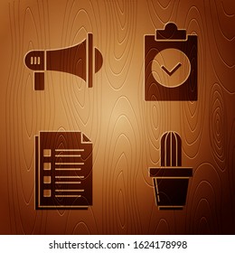 Set Cactus and succulent in pot, Megaphone, File document and Completed task on wooden background. Vector