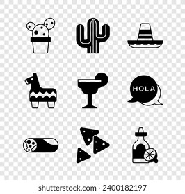 Set Cactus or succulent in pot, Mexican sombrero, Burrito, Nachos, Tequila bottle with lemon, Pinata and Margarita cocktail icon. Vector