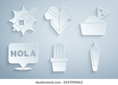 Set Cactus or succulent in pot, Nachos bowl, Hola, Hot chili pepper pod, Poncho and Tabasco sauce icon. Vector