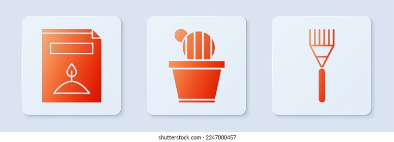 Set Cactus and succulent in pot, A pack full of seeds of a specific plant and Garden rake. White square button. Vector
