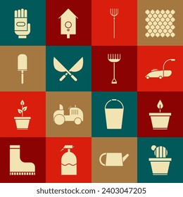 Set Cactus and succulent in pot, Plant, Lawn mower, Garden pitchfork, Gardening handmade scissors, trowel spade shovel, gloves and rake icon. Vector