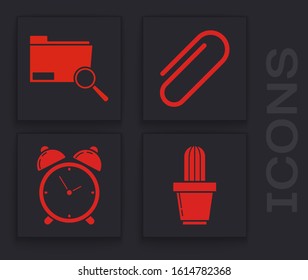Set Cactus and succulent in pot, Search concept with folder, Paper clip and Alarm clock icon. Vector