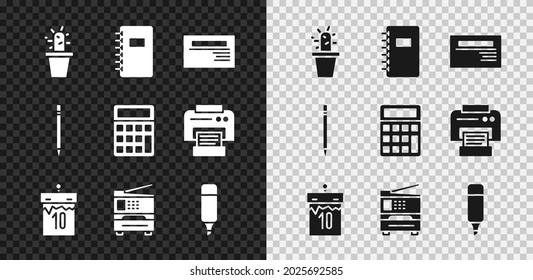 Set Cactus and succulent in pot, Spiral notebook, Business card, Calendar, Printer, Marker pen, Pencil with eraser and Calculator icon. Vector