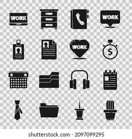 Set Cactus and succulent in pot, Spiral notebook, Time is money, Address, Resume, Identification badge, Laptop with text work and Heart icon. Vector