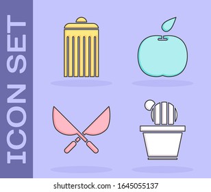 Ponga Cactus y suculento en la olla, lata de basura, tijeras artesanales de jardinería e icono de Apple. Vector