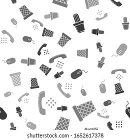 Set Cactus and succulent in pot, Trash can, Computer mouse and Telephone handset on seamless pattern. Vector