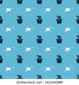 Set Cactus and succulent in pot and Wheelbarrow on seamless pattern. Vector