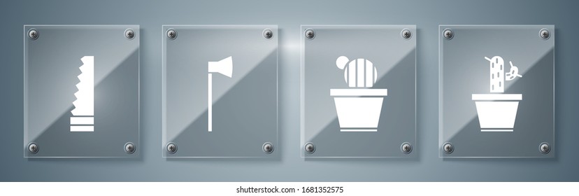 Set Cactus and succulent in pot, Cactus and succulent in pot, Wooden axe and Garden saw. Square glass panels. Vector