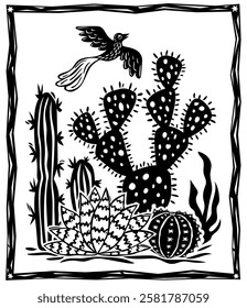 Set of cactus and succulents with a bird flying in the background. Arid landscape. Black and white hand drawn drawing, Isolated vector illustration