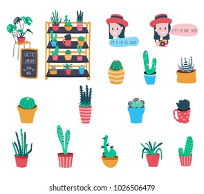 set of cactus and succulents doodle , plus the cartoon cute  girl who is a cactus lover with the text bubble, can be used for card, invitation, or sticker, all isolated on white background.