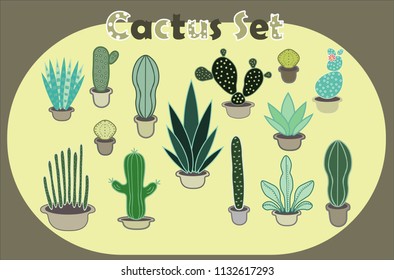 Set of cactus and succulents in pots. Indoor plants in a flat style. Vector illustration.