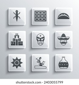 Set Cactus, Tequila bottle, Mexican man sombrero, wrestler, Sun, Chichen Itza in Mayan, Lizard and Taco with tortilla icon. Vector