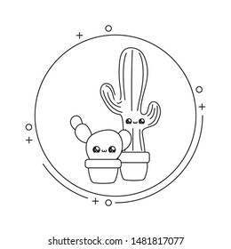 set of cactus tropicals in frame circular kawaii style