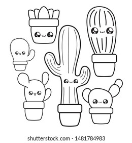 set of cactus tropicals and plants in pots kawaii style