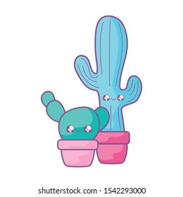 set of cactus tropicals in pot plants kawaii style vector illustration design