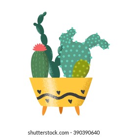 Set of cactus vector illustration. Plants in cute retro pots.  Cacti on white background. Isolated vector. Illustration for catalogs on gardening, home plant. Cartoon of green, dwarf cactus. 