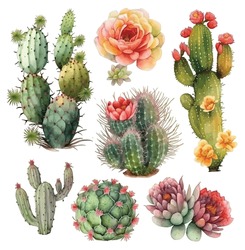 Conjunto De Ilustraciones De Pintura De Acuarela De Cactus
