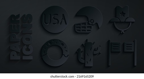 Set Cactus, Western cowboy hat, Donut, Saloon door, American football helmet and USA label icon. Vector