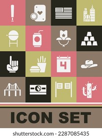 Set Cactus, Western cowboy hat, Gold bars, American flag, Soda with straw, Barbecue grill, Baseball bat and  icon. Vector