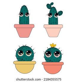 Set of cactus.Cute succulent character.Collection of exotic desert plants isolated on a white