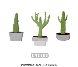 Set of cactuses with cement pots. Collection of succulents  with handwritten lettering isolated on white background. Vector illustration.