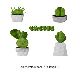 Set of cactuses with cement pots. Collection of succulents  with handwritten lettering isolated on white background. Vector illustration.