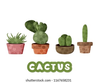 Set of cactuses with clay pots. Collection of succulents  with handwritten lettering isolated on white background. Vector illustration.