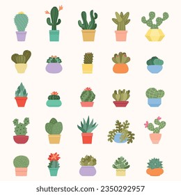 Set of cactuses. Flat illustration of succulents in flower pots. Vector 10 EPS.
