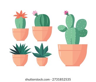 Conjunto de Cactos em vasos de flores. Plantas decorativas tropicais exóticas. Ilustração vetorial plana ou cartoon para decoração caseira e design botânico. Ícones isolados no fundo branco.