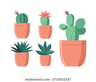 Conjunto de Cactos em vasos de flores. Plantas decorativas tropicais exóticas. Ilustração vetorial plana ou cartoon para decoração caseira e design botânico. Ícones isolados no fundo branco.